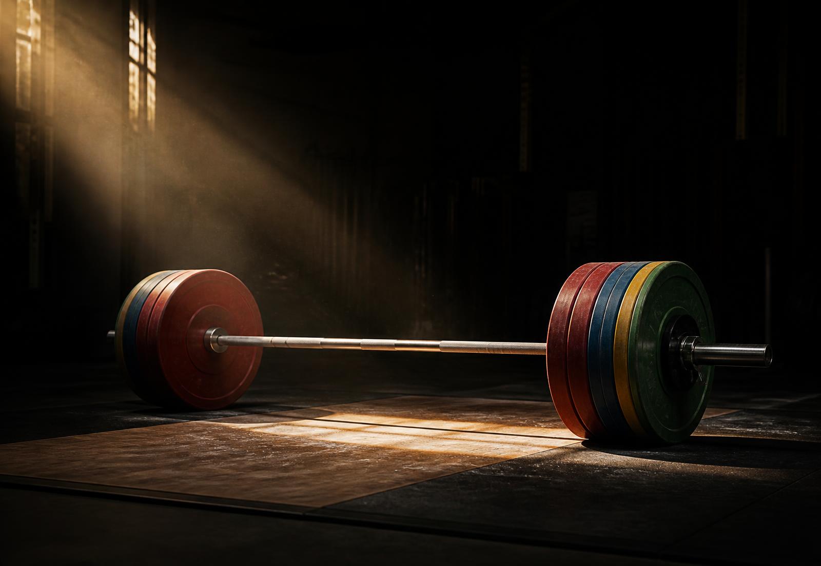 Loaded Olympic barbell on a lifting platform in a dark training hall